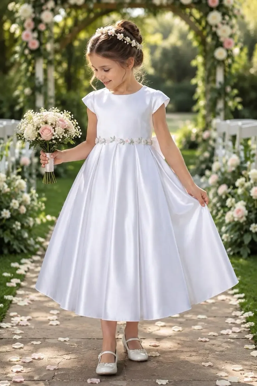 White Satin Flower Girl Dress Floral Trim Bow Back Netted Skirt No Size